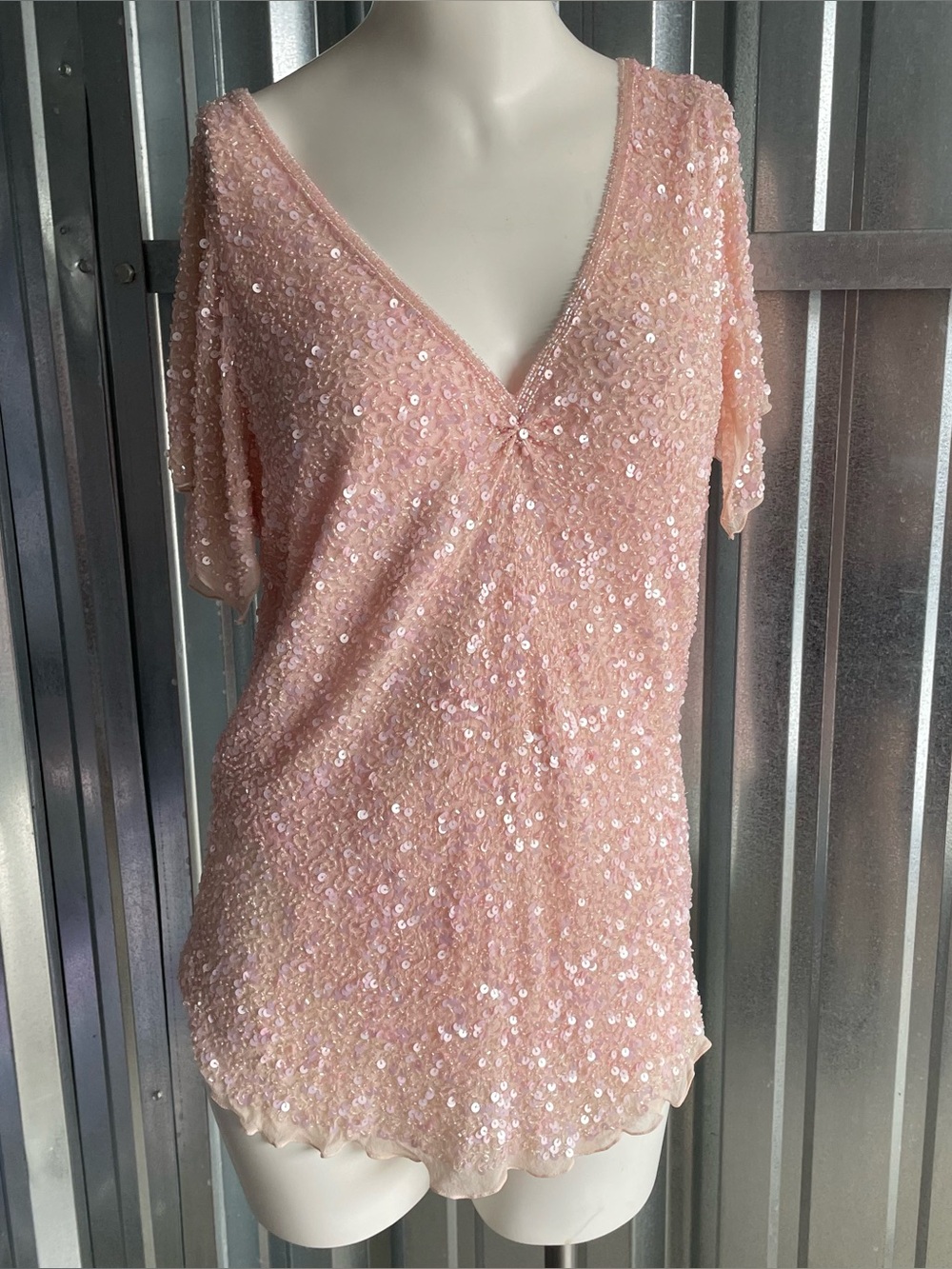 Adrianna Papell Silk Beaded Sequin Top XL Blush Pink Evening Party Blouse